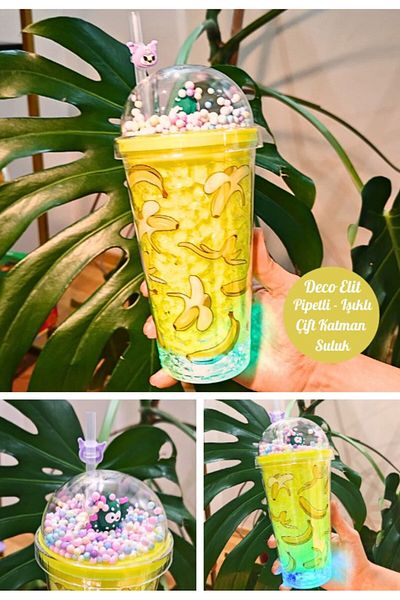 BiTon Toptan Banana Themed Water Bottle with Straw, Frosted Glass Look, Led Light, 450 ml Double Layer Mica 2768 Yellow