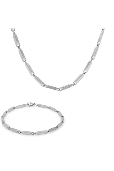 Tesbihane Silver Color 317l Steel Singapore Chain & Bracelet Combination