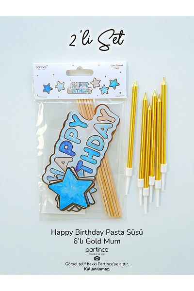 partince Σετ 2 μπλε θέμα Happy Birthday Cake Topper και 6 τεμαχίων μεταλλικό μακρύ χρυσό κερί στολίδι για τούρτα γενεθλίων