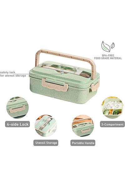 COOYA 3-Compartment Lunch Box Kit for Adult,  Plastic, BPA-Free, Green, 12 x 20 x 7.6cm