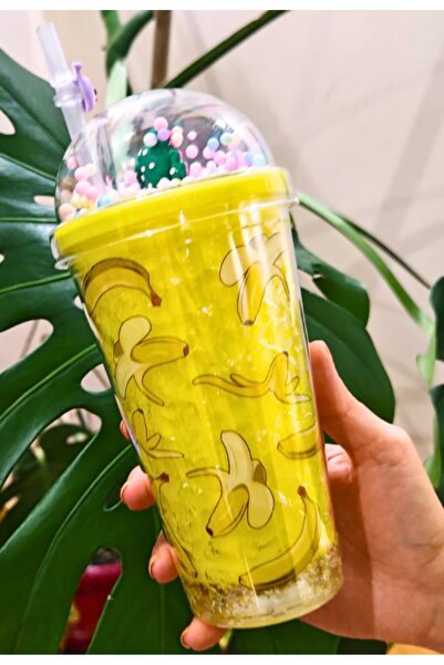 Deco Elit Banana Themed Water Bottle with Straw, Frosted Glass Look, Led Light, 450 ml Double Layer Mica 2768 Yellow