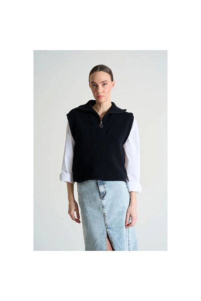Qu Style Black Polo Collar Zippered Sweater Ts 231008