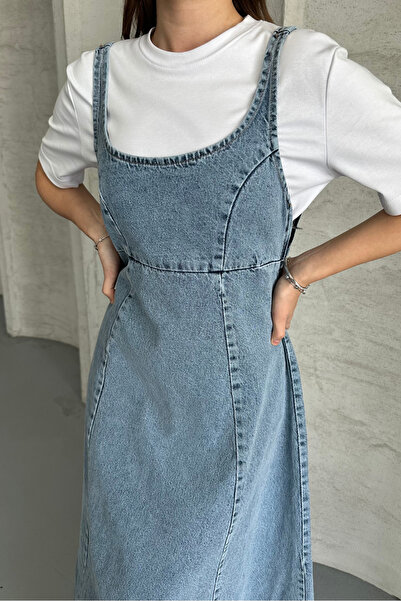 macharel jeans Askılı uzun denim elbise