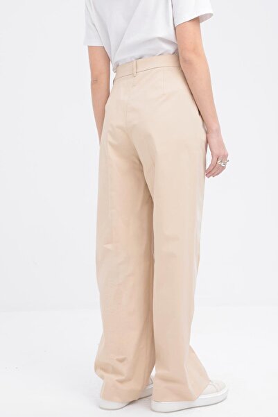 ALLDAY Beige-Pleated Lycra Wide Leg Trousers