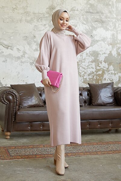 InStyle Mina Balloon Sleeve Knitwear Hijab Φόρεμα - Πούδρα