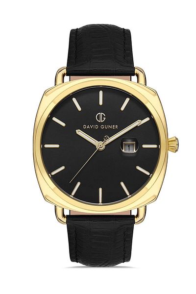 DAVID GUNER Yellow Coated Black Dial Men's Wrist Watch with Calendar Black Leather Band - Dg-8055Gb-N2
