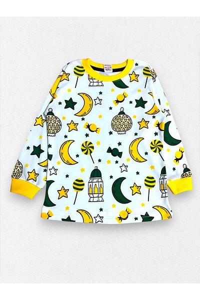 elmas kids Set de pijamale cu mânecă lungă pentru băiat, 100% bumbac, alb, galben, bomboane, lampă cu ulei, stea cu lună, tematică Ramadan