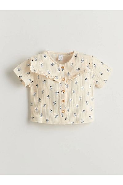 LC Waikiki Lcw Baby Beige Frilly Floral Baby Girl Blouse and Pants 2 Pcs