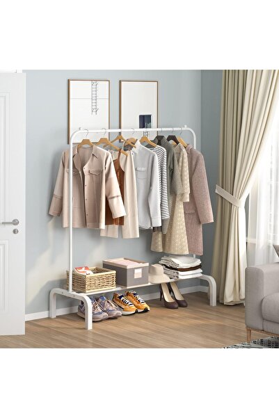 Generic Metal Clothes Rack with Lower Shelf for Hanging Clothes and Coats, White Steel - Outrofort