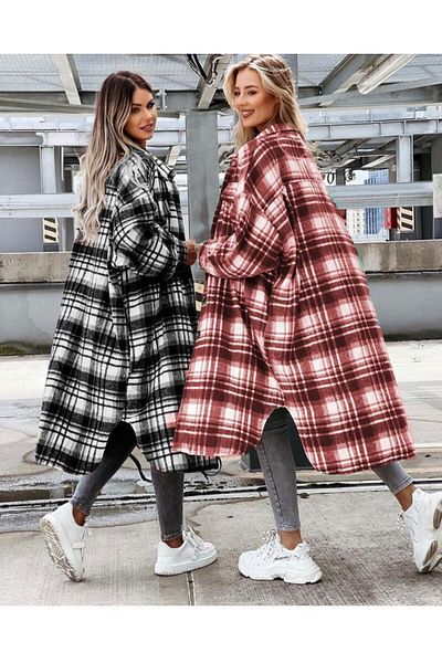MODAVERA Women's Red Long Plaid Detail Opportunity Product Plaid Jacket