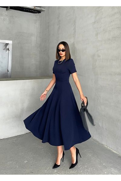 BEJNA Marineblaues, gewebtes langes Kleid in A-Linie für Damen