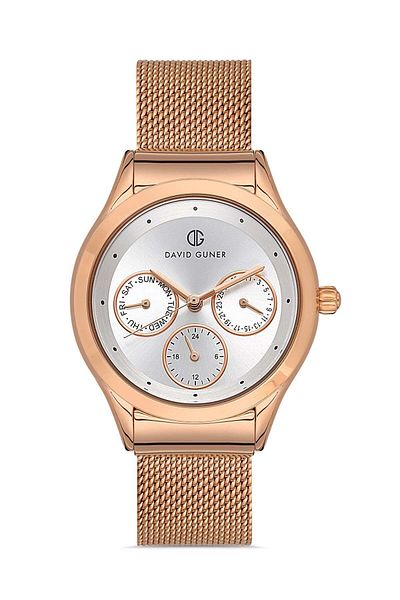 DAVID GUNER ساعة يد نسائية بمينا أبيض وطلاء وردي Dg-8276lc-c1