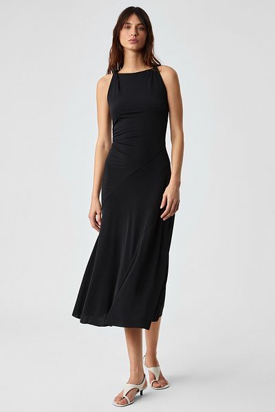 GRIMELANGE Malmoris Women Slim Zipper Pool Neck Long Black Dress