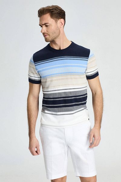 Hemington Patterned White-Blue Crew Neck Pure Cotton T-Shirt