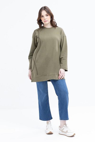 ALLDAY Khaki-Embroidered Crew Neck Lycra Plus Size Tunic