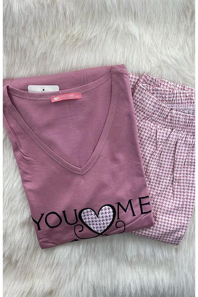 DoDe Flora Women's Cotton Heart Detailed Long Sleeve Pajama Set Symphony - 10219