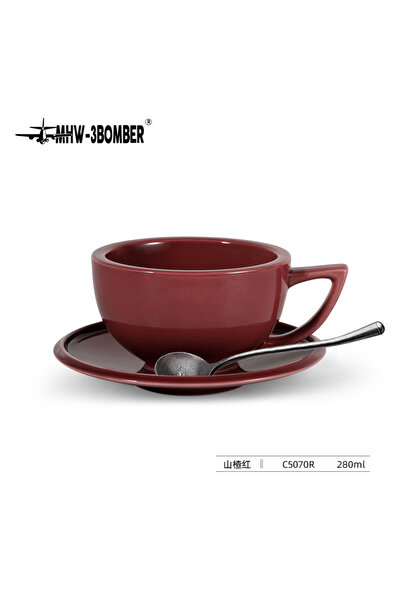 Choice 280ml Red MHW-3BOMBER 280ml Ceramic Coffee Cup with Saucer & Spoon Set Art Latte Espresso Mug for Te