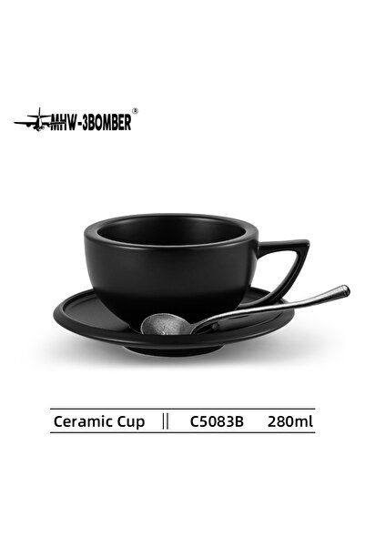 Choice 280ml Black MHW-3BOMBER 280ml Ceramic Coffee Cup with Saucer & Spoon Set Art Latte Espresso Mug for