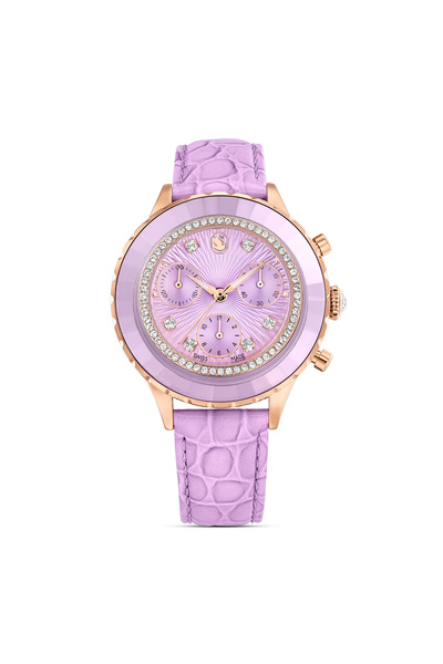 Swarovski Octea Chrono Saat, Isviçre Üretimi, Deri Kayış, Mor, Pembe Altın Re...