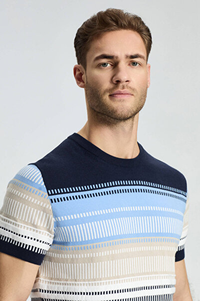 Hemington Patterned White-Blue Crew Neck Pure Cotton T-Shirt