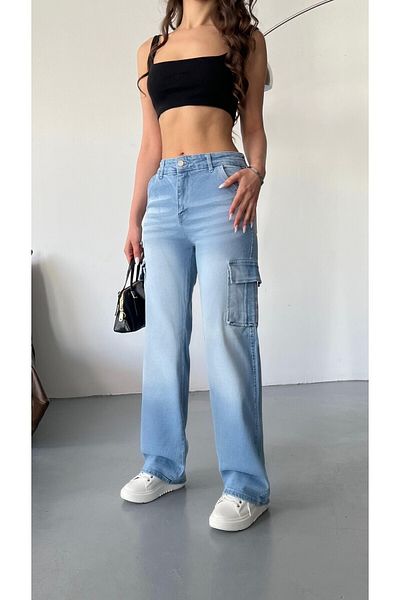 BİKELİFE Vintage-Cargohose mit hohem Bund und weitem Bein für Damen mit verblasstem Effekt