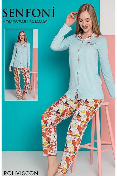 DoDe Flora Women's Buttoned Long Sleeve Pajama Set Symphony - 10274