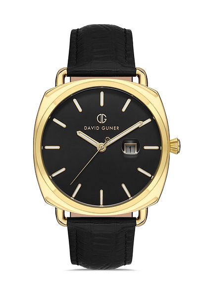 DAVID GUNER Yellow Coated Black Dial Men's Wrist Watch with Calendar Black Leather Band - Dg-8055Gb-N2