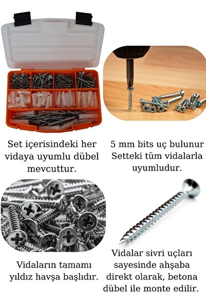 Netzerkoz 320Parça 12 Çeşit Vida Seti, Dübelli Sunta Vidası Seti,matkap Ucu Bits Uç Ve Takım Çantası