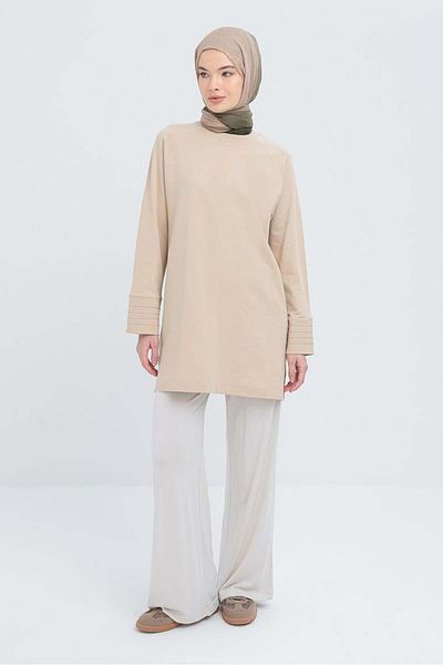 ALLDAY Beige-Cuff Ribbed Detailed Slit Lycra Tunic