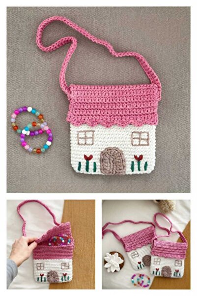 Kadın Girişimciler Atölyesi Nostaljik Ev İşlemeli Model Organik Handmade % 100 Cotton Çocuk Çantası