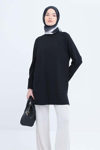 ALLDAY Black-Cuff Ribbed Detailed Slit Lycra Tunic