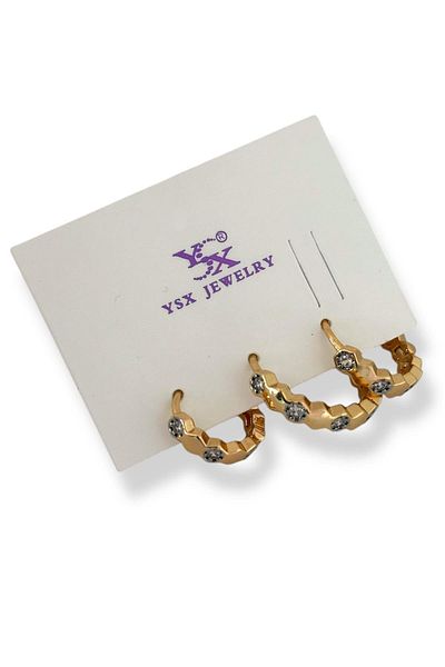 TAKIŞTIR Gold Color Stone Detailed 3-Piece Ysx Earring Set