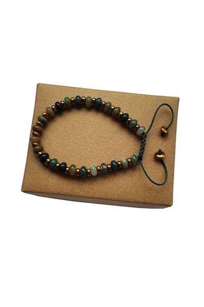 ByKolyeucum 6 mm Indian Agate Stone and Hematite Braided Macrame Adjustable Bracelet