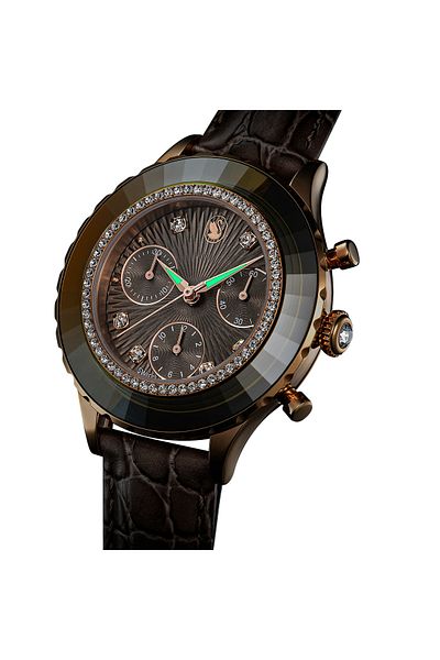 Swarovski ساعة Octea Chrono، إنتاج سويسري، حزام جلدي، رمادي، سطح ذهبي وردي