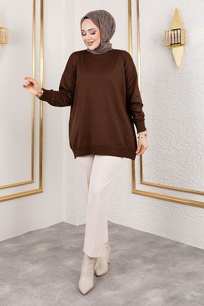 Tesettür Dünyası Brown Sleeve End Folded Crew Neck Knitwear Tunic Tsd 250122