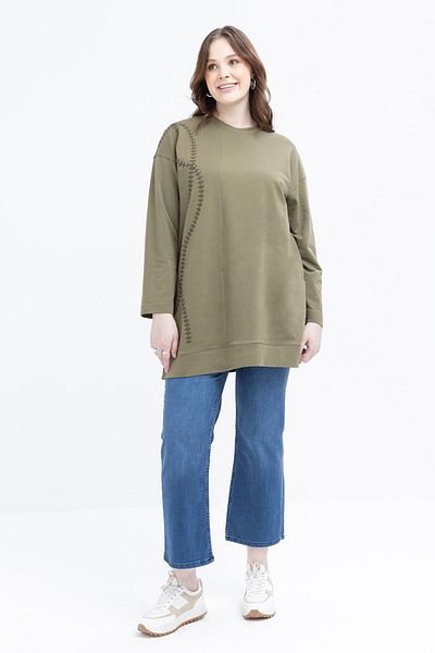 ALLDAY Khaki-Embroidered Crew Neck Lycra Plus Size Tunic