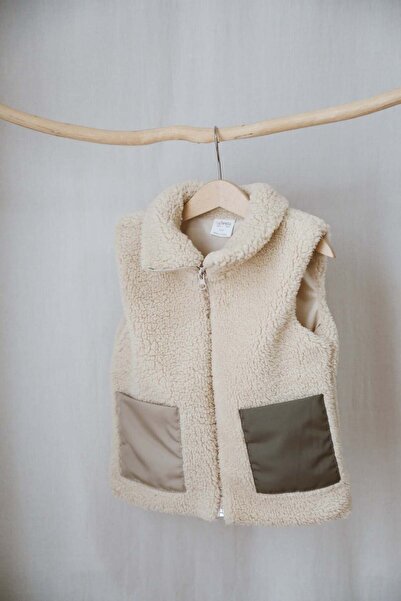 Tarkito Baby Teddy Peluş Çocuk Yelek Dik Yaka Astarlı Ekru