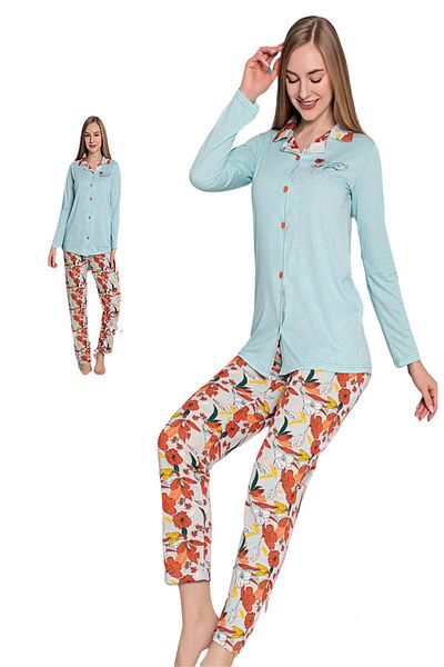 DoDe Flora Women's Buttoned Long Sleeve Pajama Set Symphony - 10274