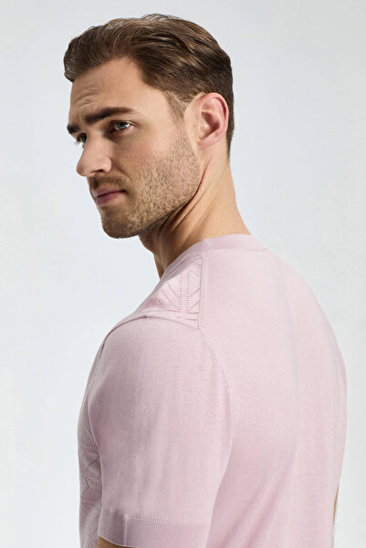 Hemington Openwork Knit Detailed Crew Neck Dusty Rose T-Shirt