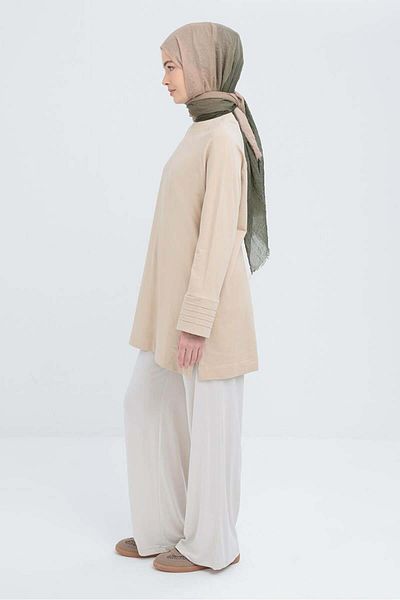 ALLDAY Beige-Cuff Ribbed Detailed Slit Lycra Tunic