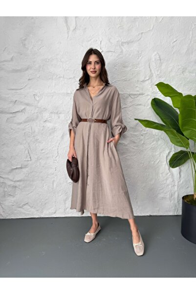 Elif Özbey Butik Vizon Yumoş Dokulu Kemerli Gömlek Elbise