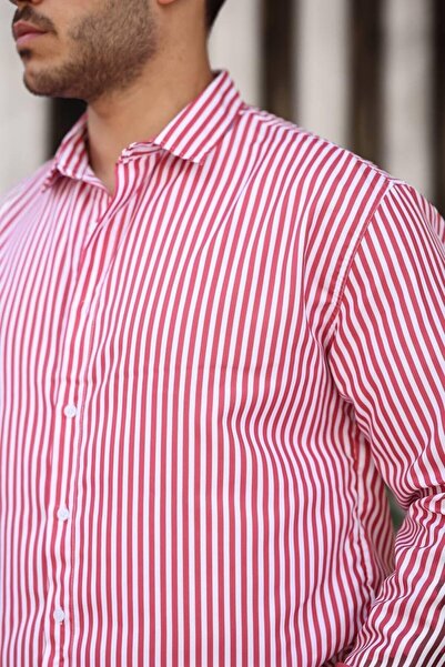 VİP LOKAL Erkek Kırmızı Beyaz Çizgili Gömlek