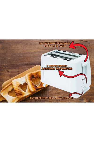 Hausberg Prajitor de paine HB-150AB, 750W, 7 setari, 2 felii, oprire automata, picioare anti-alunecare, Alb