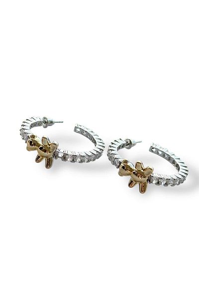 TAKIŞTIR Silver and Gold Color Teddy Bear Figured Stone Detailed Hoop Earrings (Pair)