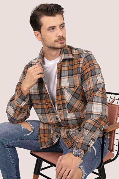 Etikmen قميص رمادي برتقالي متدرج سميك كبير الحجم