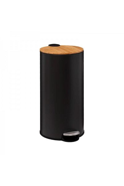 FİVE Metal waste bin with bamboo lid and pedal, Modern Black, 30 liters