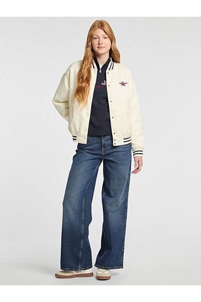 Guess Jeans Women's Varsity Jacket Stripe Detailed Beige Jacket
