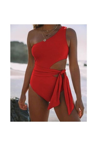 DEEP BEACH One Shoulder Swimsuit - Tie-Up, Db 200803 Ma