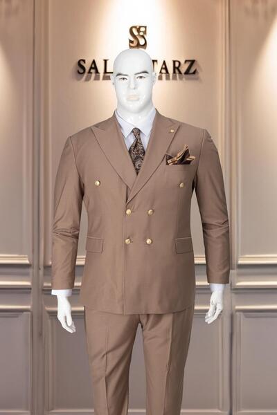 Salihtarzz Takım Elbise Erkek Battal Büyük Beden Bej SD42131