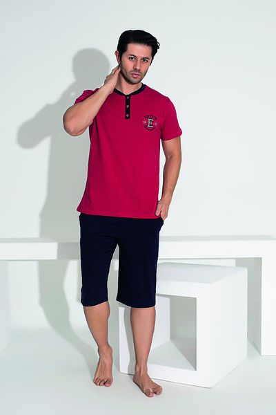 Estiva Men's Summer Crested Short Sleeve Button Capri Combed Cotton Pajama Set